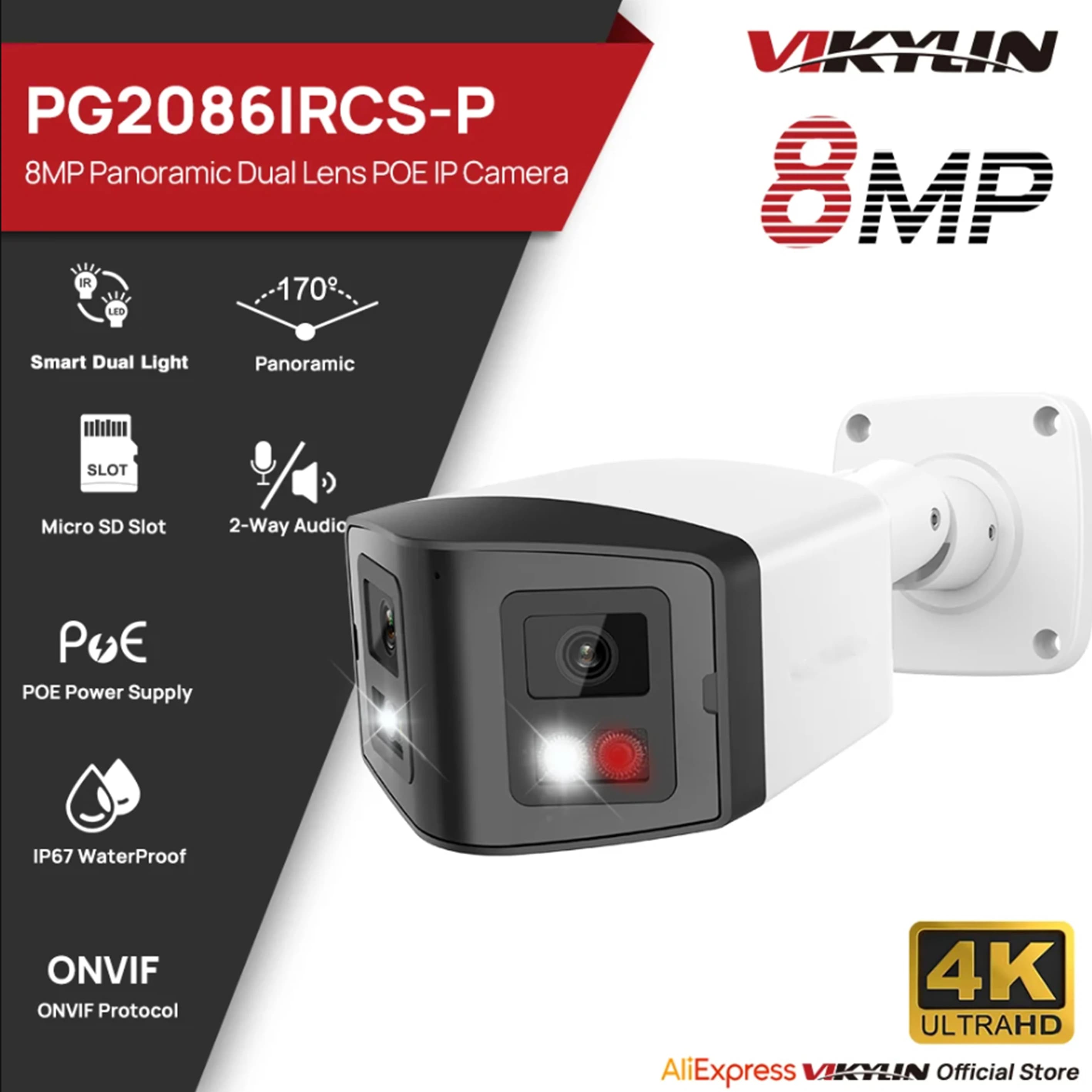 VIKYLIN 170 ° Obiettivo doppio 4K 8MP da 2,8 mm 170° ° Telecamera IP panoramica per rilevamento del movimento, conversazione bidirezionale, POE, Onvif, IP67, telecamera di sicurezza CCTV