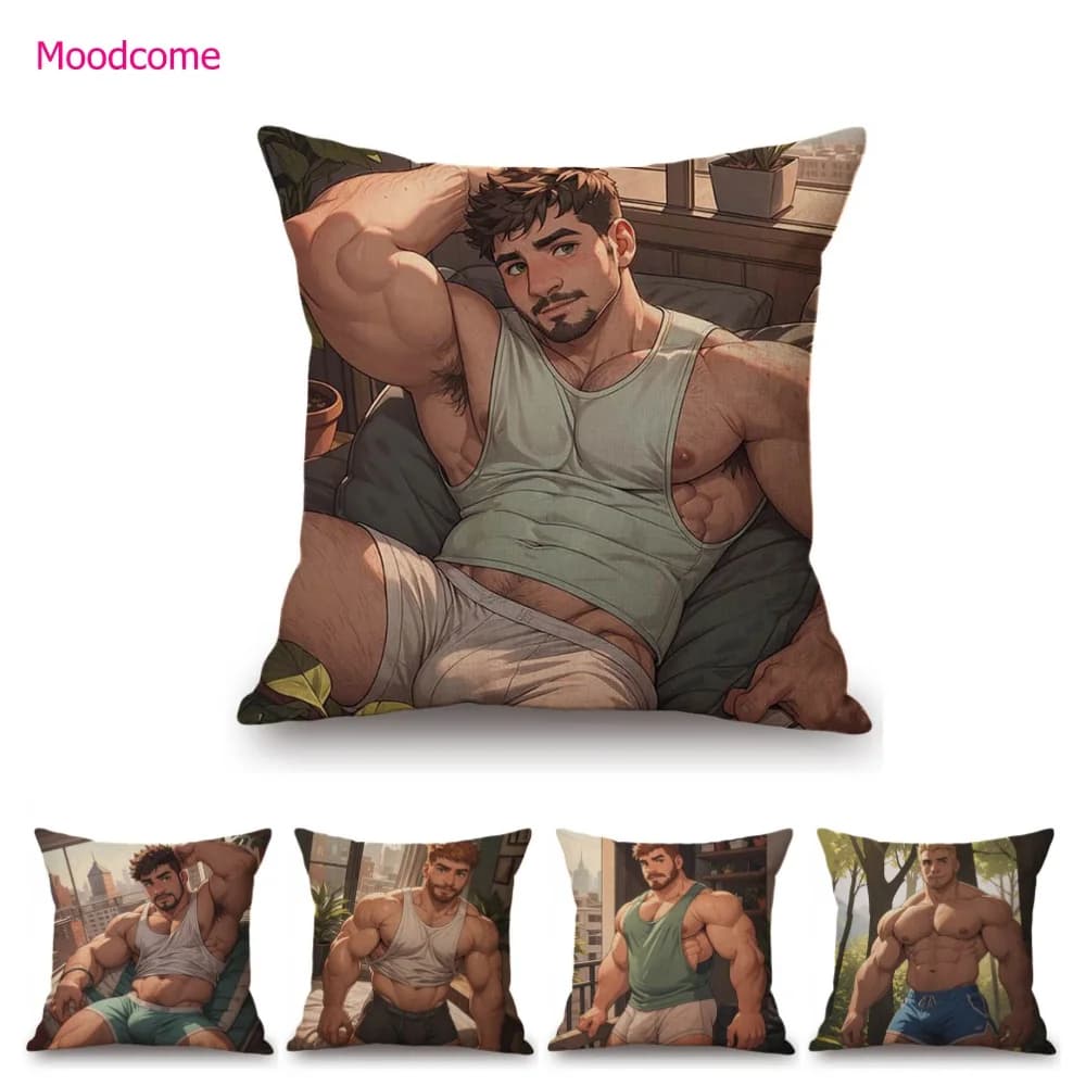 Sexy Hot Muscles Man Cartoon Hunk Boy Tempting Body Sofa throw Pillow Case Gay Pride Home Decorative Cushion Cover Cotton Linen