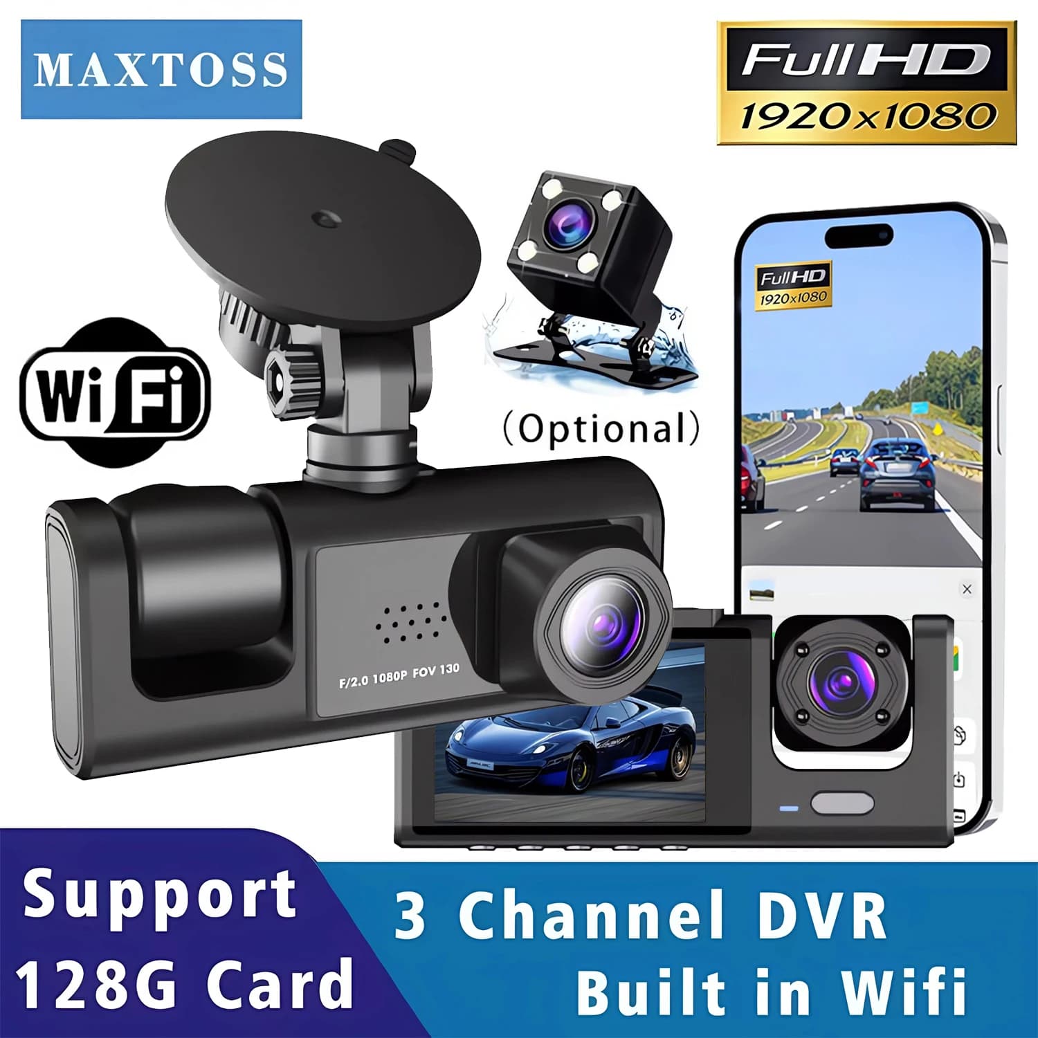 Dash Cam WiFi a 3 Canali, Registratore DVR per Auto con Telecamera Interna, Videocamera HD 1080P, Mini Registratore Dashcam
