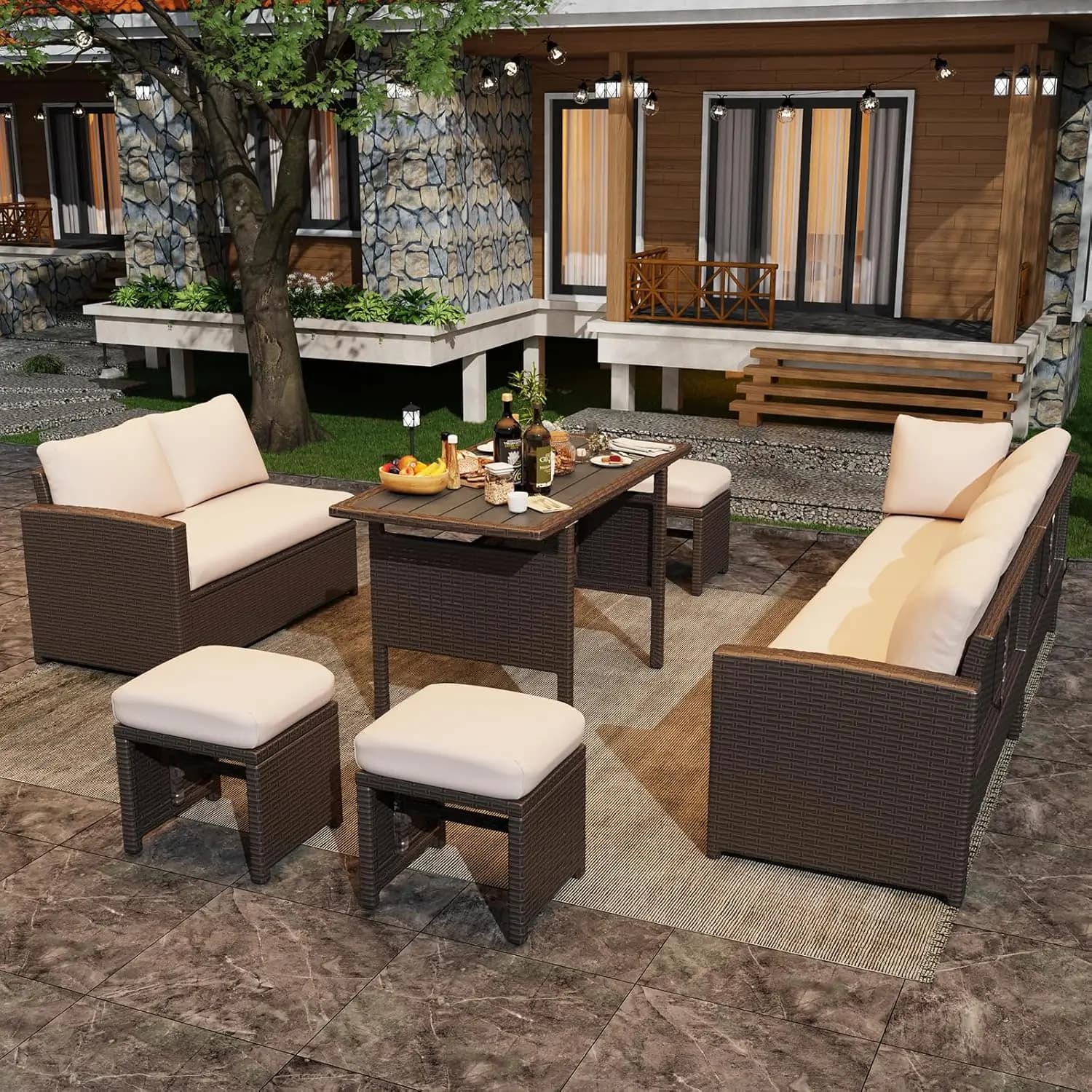 Set Divano Sezionale da Esterno 7 Pezzi in Rattan Intrecciato Resistente alle Intemperie con Tavolo da Pranzo, Sedie e Pouf, Cuscini Marroni, Personalizzabile
