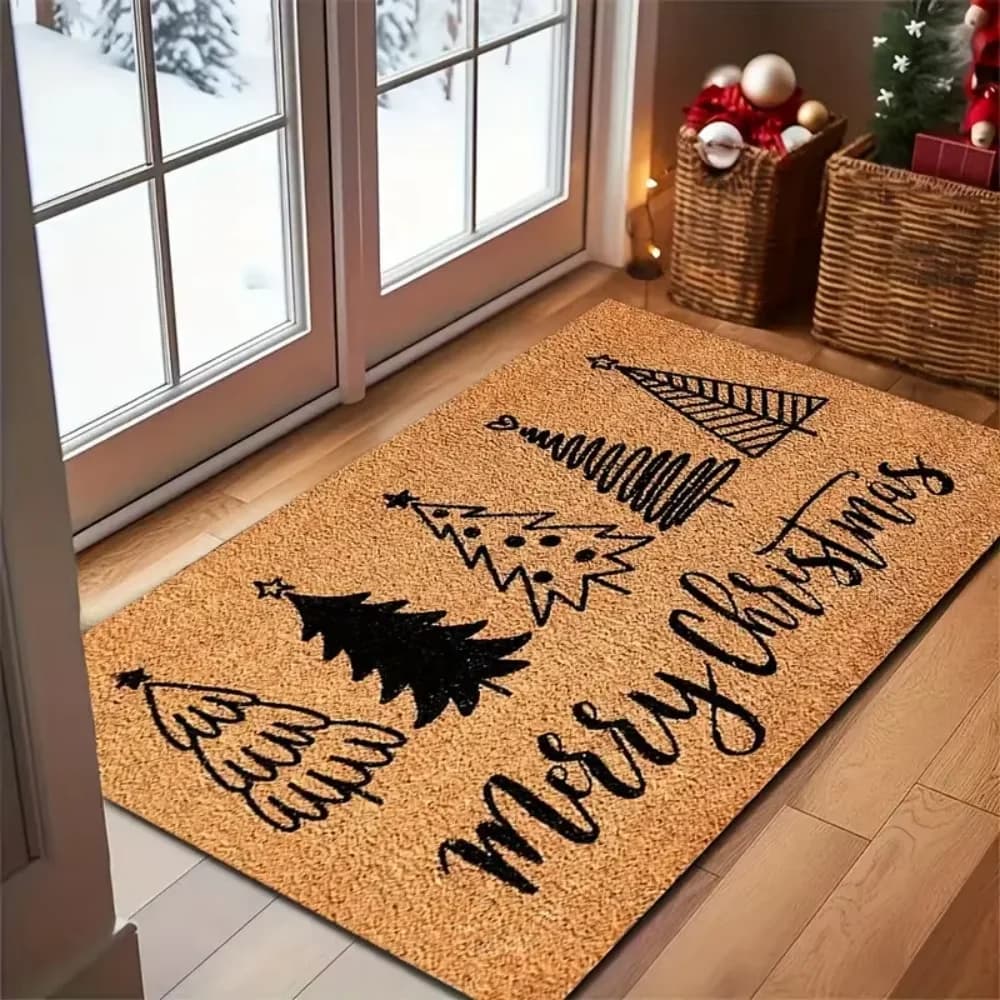 Feliz Natale Zerbino dorato con albero di cedro nero Tappetino rettangolare lavabile in lavatrice durevole per interni ed esterni, decorazioni per portico