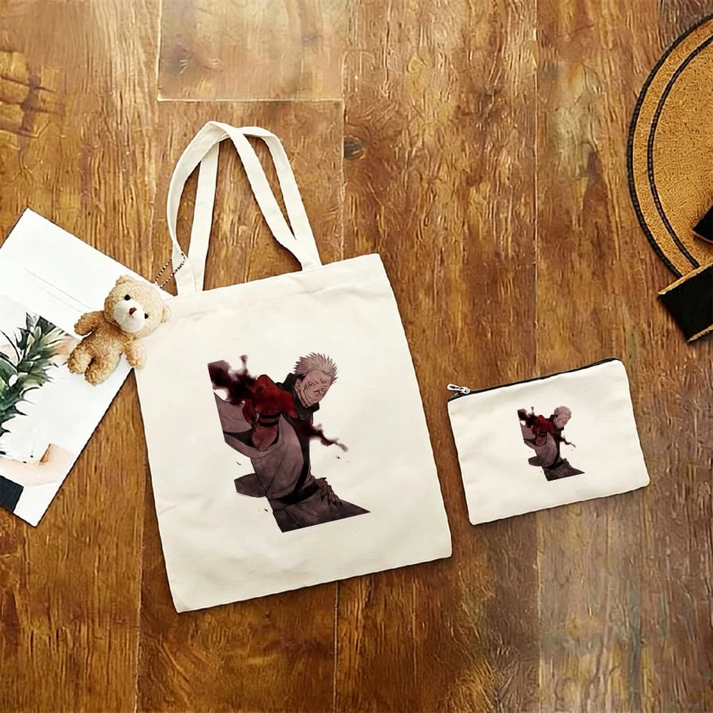 3pcs/set Jujutsu Kaisen Itadori Yuji Thick Durable Canvas Tote Bag Energetic Dynamic Anime Print Gift Boy Student Daily Handbag