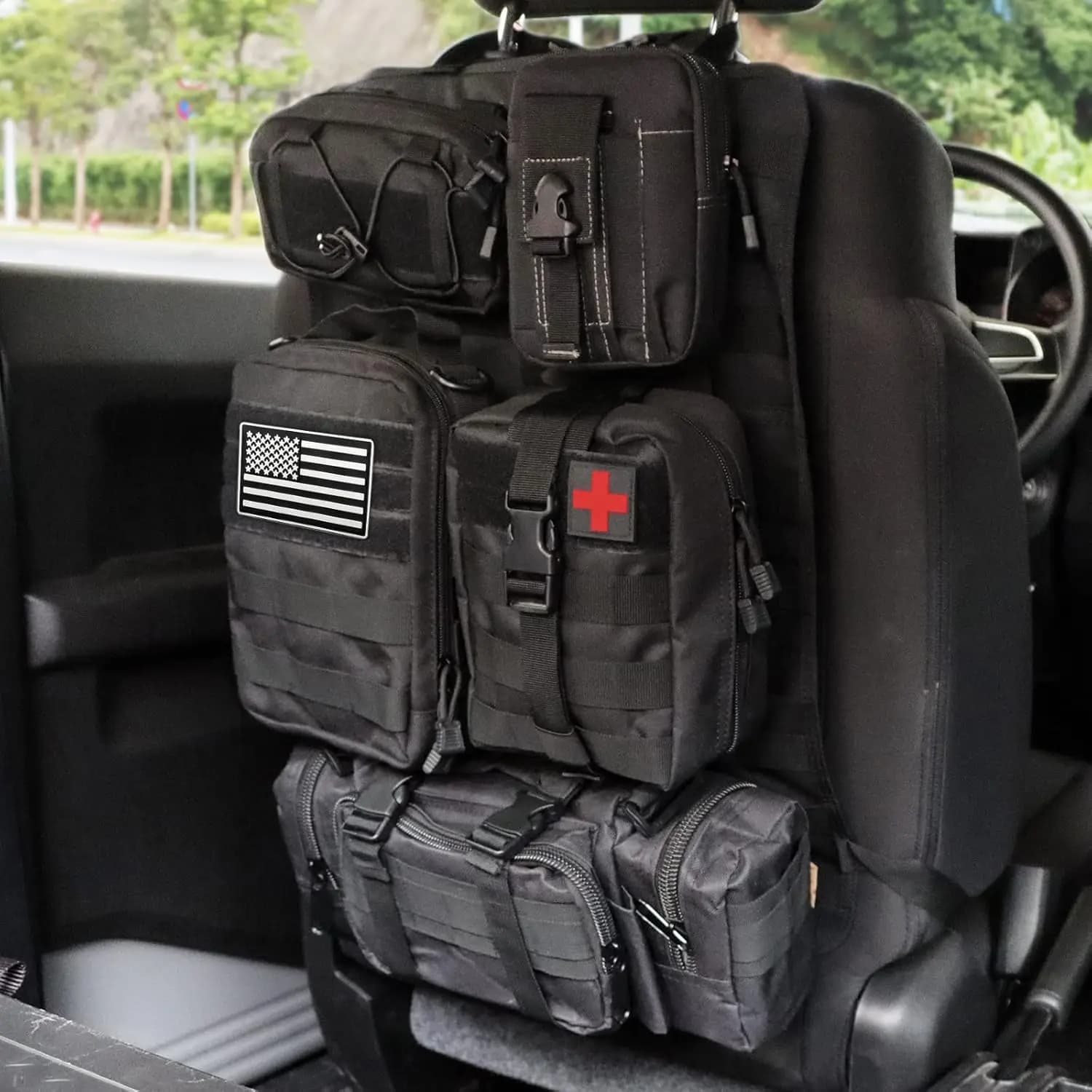Organizer Tattico per Sedile Auto con 5 Tasche Molle Staccabili, Adattabile Universalmente per la Maggior Parte dei Veicoli in Nero