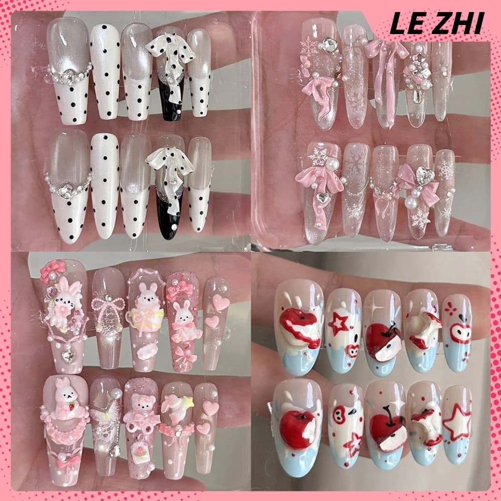 Beautiful Cartoon Rabbit Handmade Long Coffin Stilettos Press On Nails Bowknot Pearl Diamond Snowflake Apple Full Cover Nails