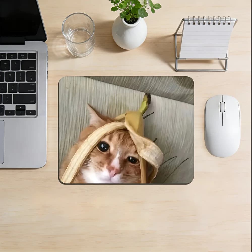 Divertente tappetino per mouse con gatto con cappello a banana, simpatico tappetino per mouse da gioco antiscivolo con meme del gatto arancione