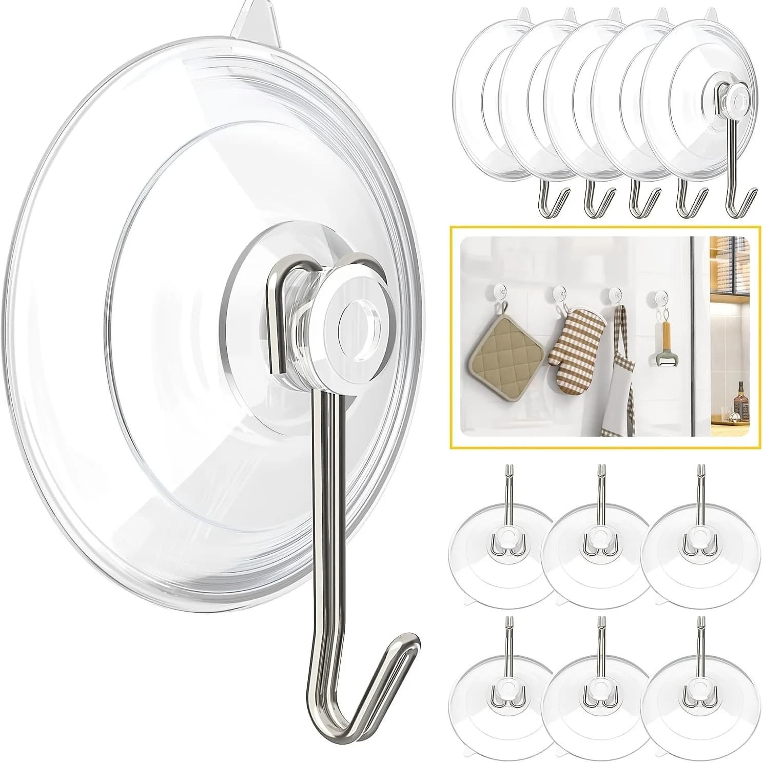 6Pcs Heavy‑Duty Transparent Suction Cup Hooks Reusable Stainless Steel Multifunctional Hanger for Bathroom Kitchen Glass Shower