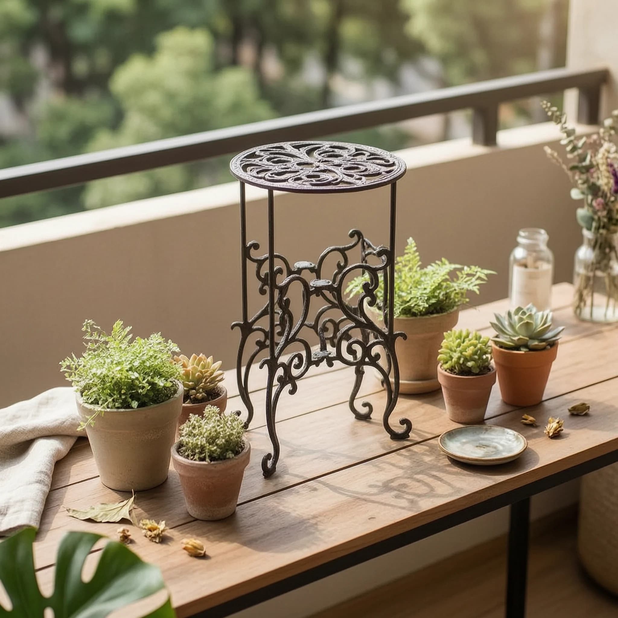 Wrought Iron Plant Stand Weather Resistant Metal Flower Pot Holder Iron Pedestal with Scrollwork Stable Furniture Easy Assembly