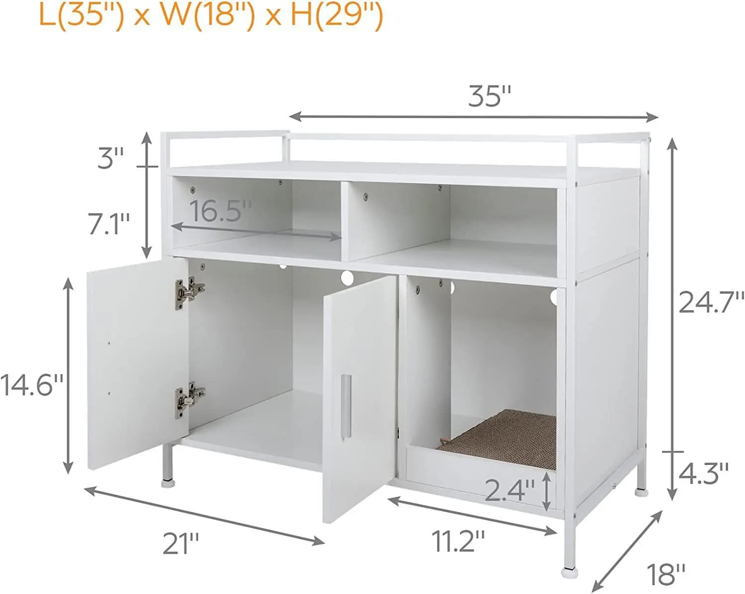 Large Eco-Friendly Minimalist Wood Cat Litter Box Cabinet Double Doors Open Shelves Easy Assembly Bedroom Living Room