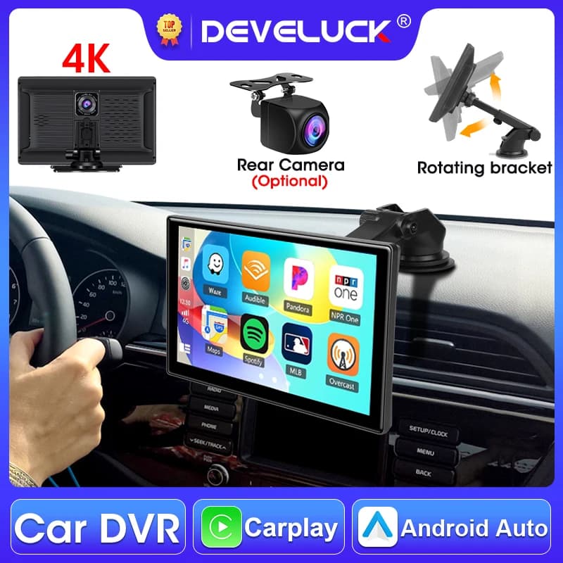 Develuck 10.1 "4K Dash Cam Car DVR Carplay Android Auto GPS Navigation Recorder with Hidden Rotating Staff Backup Camera