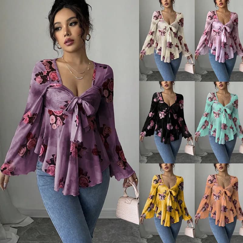 Camicette e Camicie da Donna Primavera-Estate con Stampa Floreale, Scollo a V con Laccetti, Top in Rete a Maniche Lunghe