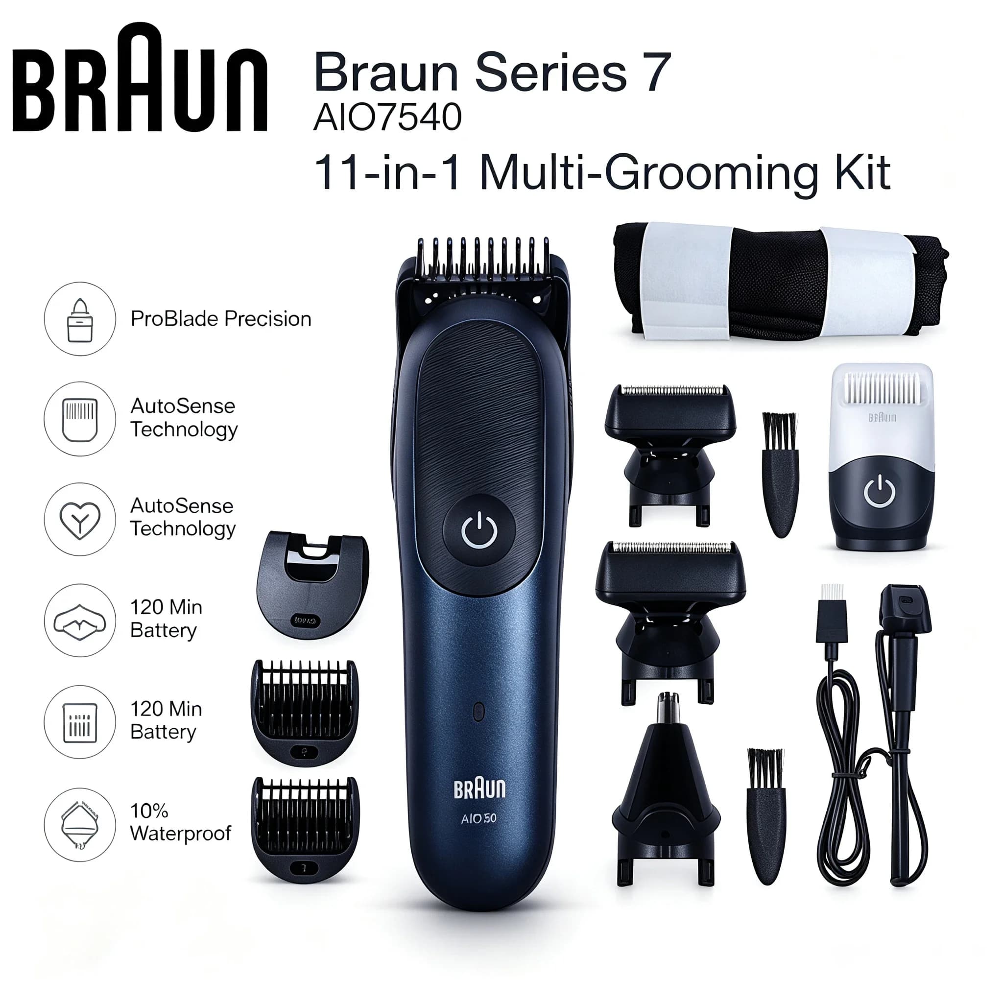 Braun Series 7 AIO7540 Multi-Grooming Kit 11 Functions Precision Trimmer Hair Density Detection Hair Beard Nose Ear Trimmer