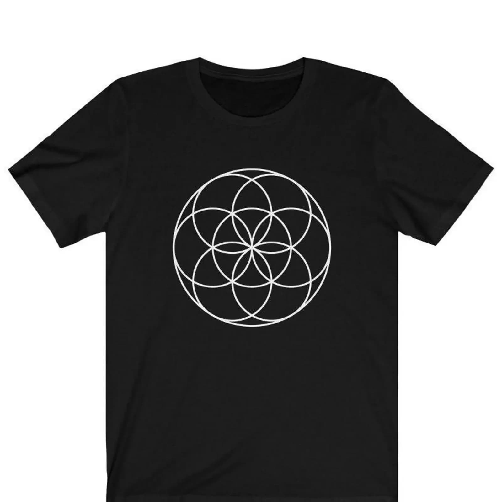 T-shirt con motivo a semenza di vita e cerchio di geometria sacra, vintage, lavata, traspirante, comoda, streetwear alla moda, leggermente casual