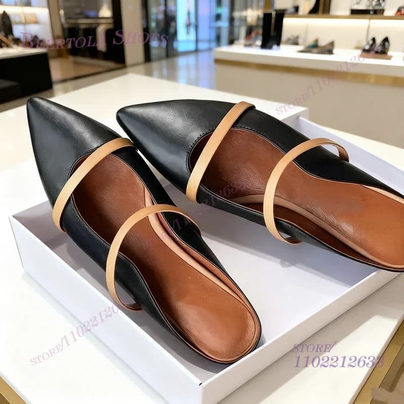 Flat slippers Women's semicircular black beaded leather casual with golden belt buckle design silver cave shoes