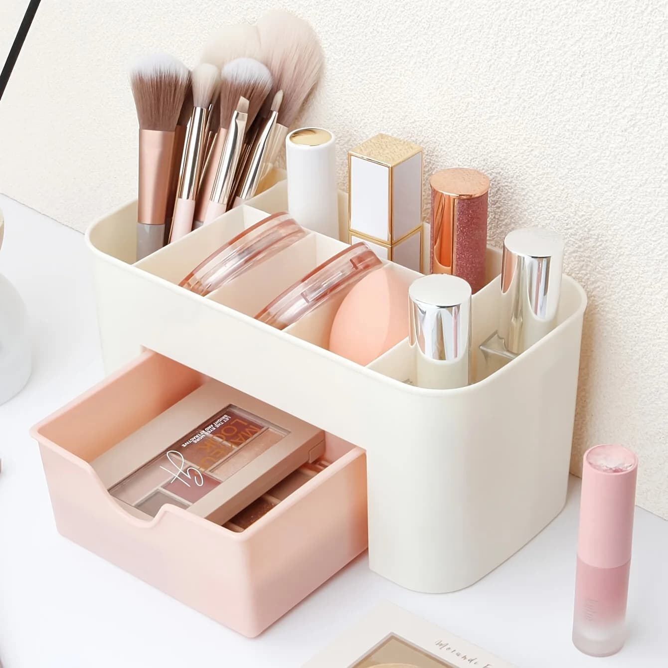 Organizer per trucchi con 1 cassetto, organizer da scrivania, 6 scomparti, scatola porta cosmetici per smalti, rossetti, pennelli, gioielli