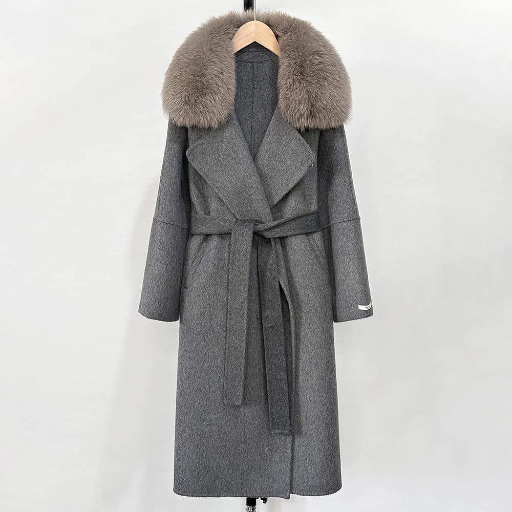 Women's Genuine Wool Fur Coat Autumn Fox Fur Jacket New Fashion Warm Wool Coat Spring Long Large Fur Collar Genuine Elegant