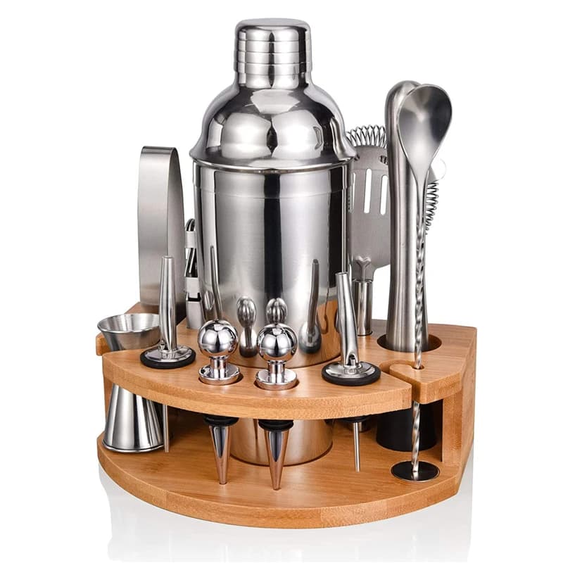 Set da 12 Pezzi Shaker per Cocktail in Acciaio Inox da 750ml, Kit da Barman con Supporto in Legno, Set di Strumenti per Cocktail