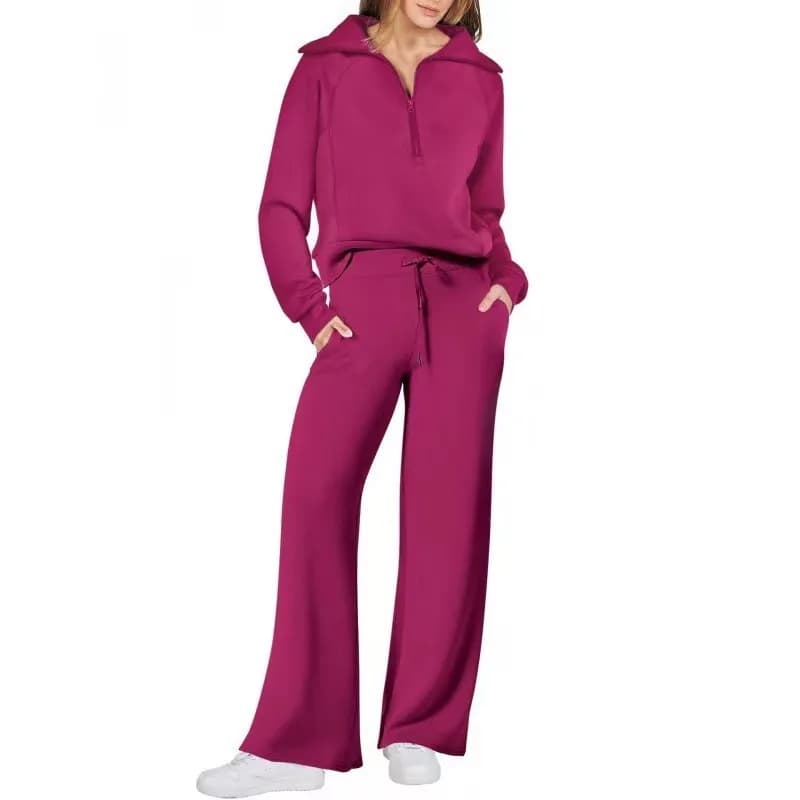 Women's clothing - Spring/Autumn style casual sportswear with zippers, long-sleeved pullover, wide-leg pants - two-piece set
