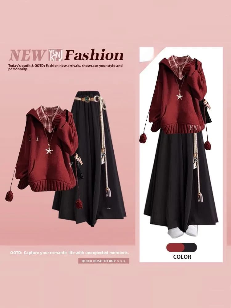 Set Maglione Rosso Lavorato a Maglia da Donna, Completo Invernale Vintage con Gilet e Gonna per Signore Adulte