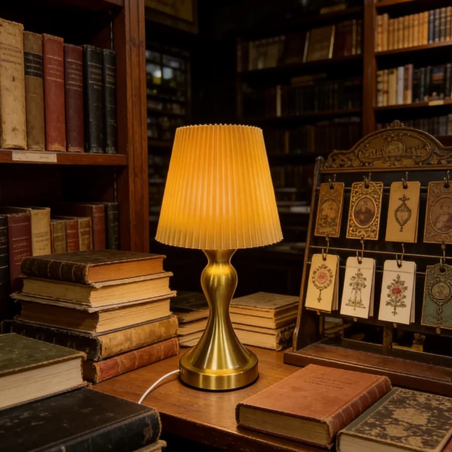 Lampada da Tavolo in Tessuto Plissettato Arancione, Luce Notturna con Base in Ottone Alimentata USB, Lampada Decorativa Moderna Compatta per Casa