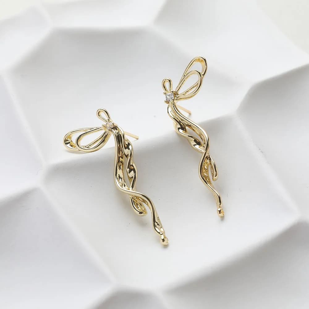 2CPS Dainty Bow Design Ear Studs for Jewelry Findings Earrings Handmade DIY Brass 14k Gold Plated Accessories 13*41mm