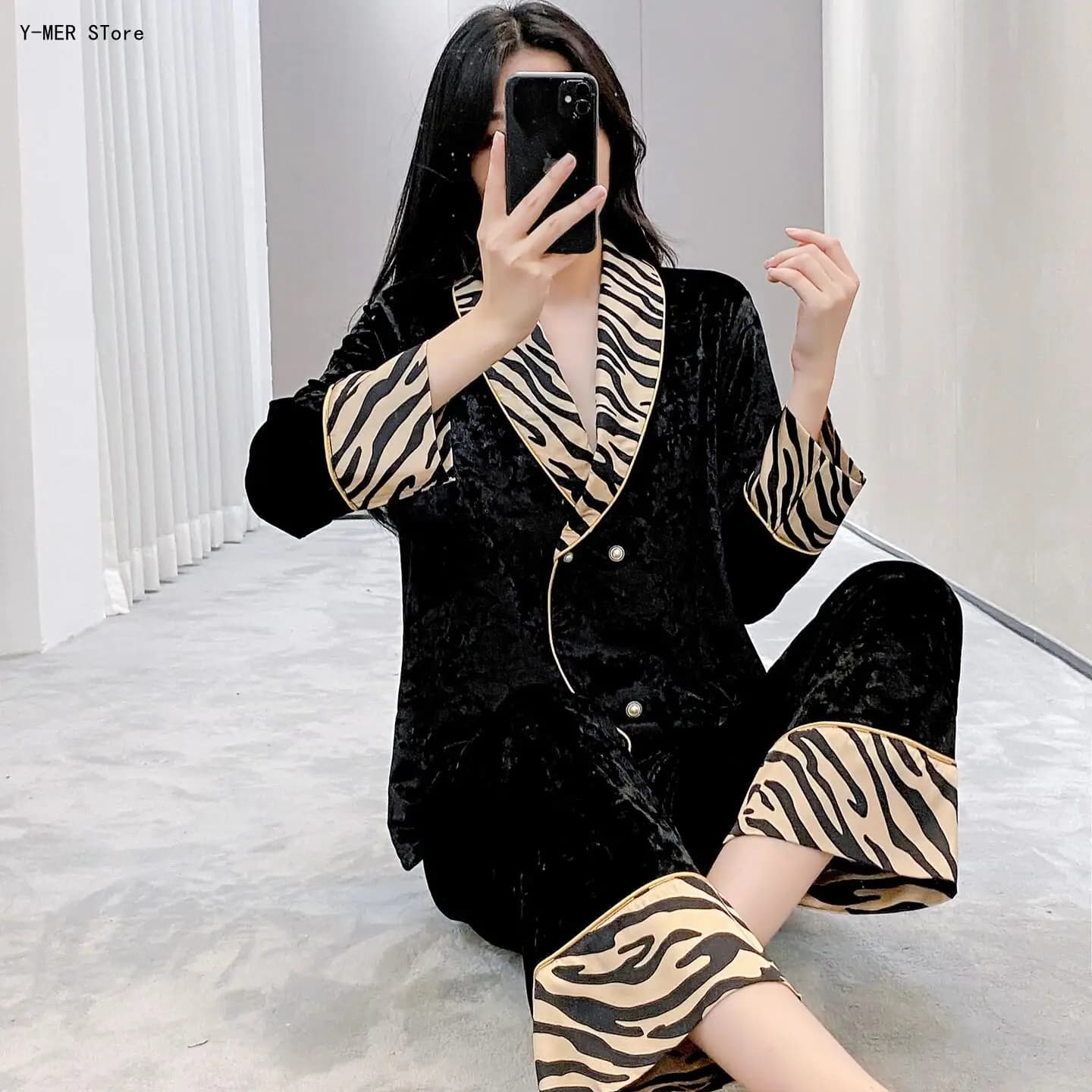 Women New Leopard Print Pajama Set Long Sleeve Long Pants Piece Ladies Casual Home Loungewear Sleepwear Night Outfit