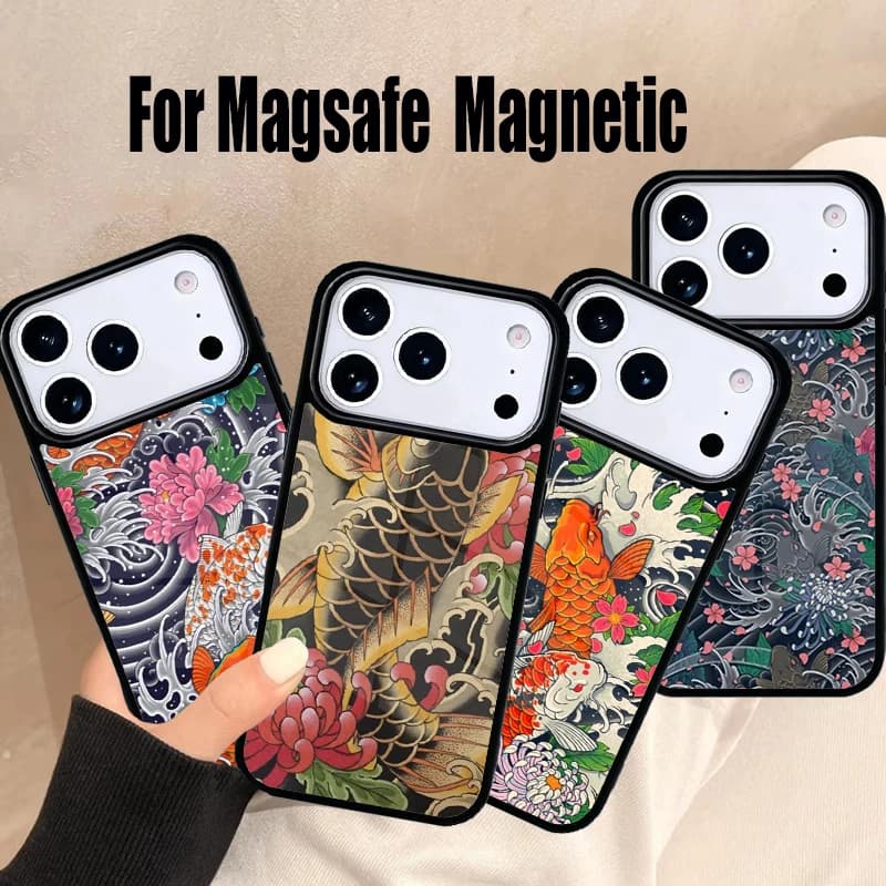 Cover per iPhone con tatuaggio giapponese Koi, Drago e Onda, compatibile con Magsafe Wireless Magnetic per iPhone 17 Air 16e 15 14 13 12 11 Pro Max Plus