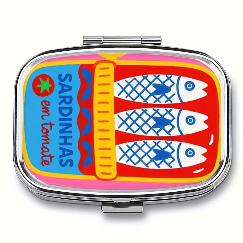 Colorful Metal Wallet with Print 'Sardinhas em Tomate', 2-part Portable Organizer for Vitamins and Pills