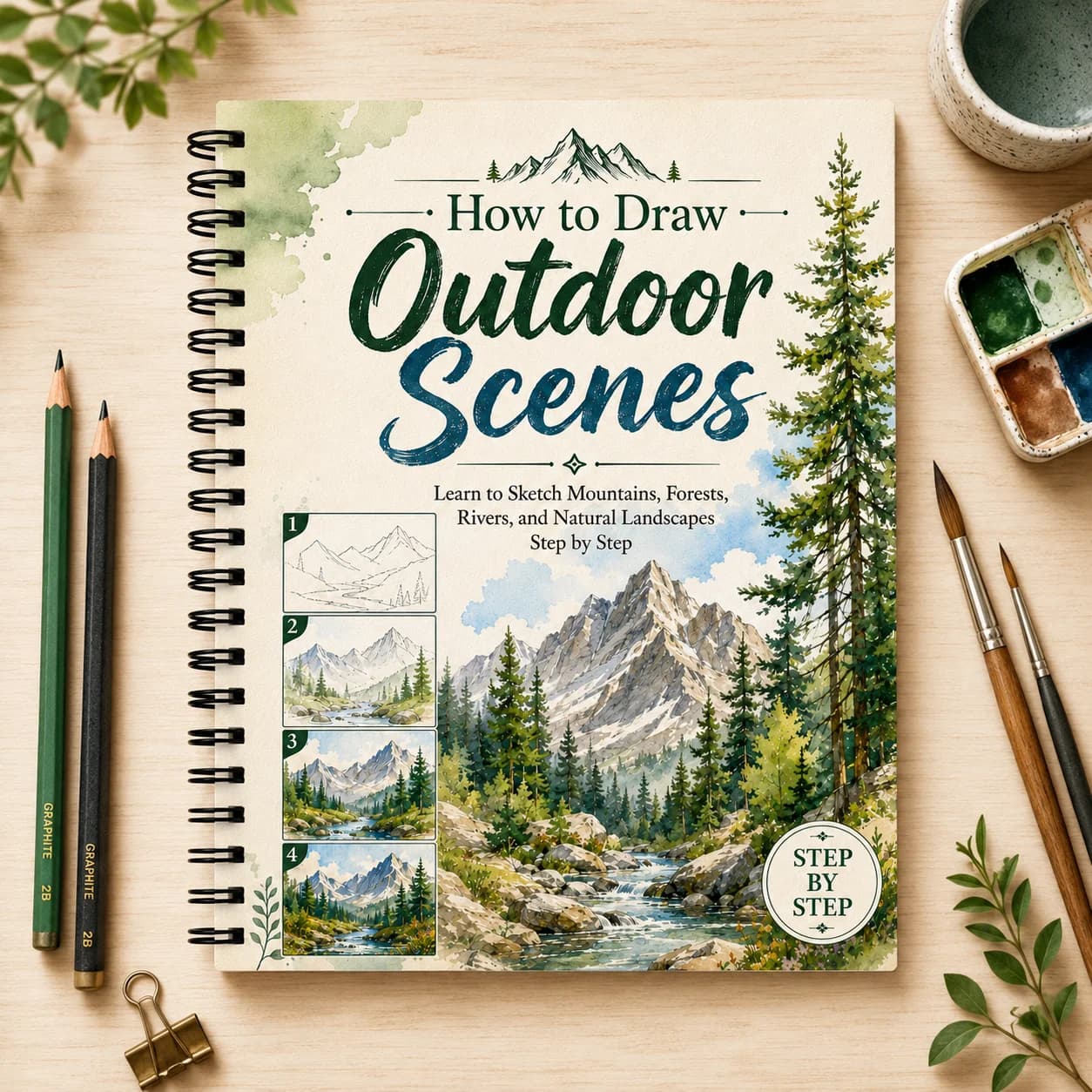 How to Draw Outdoor Scenes A5 Spiral Drawing Book, Mountain Forest River Sketch Practice Workbook