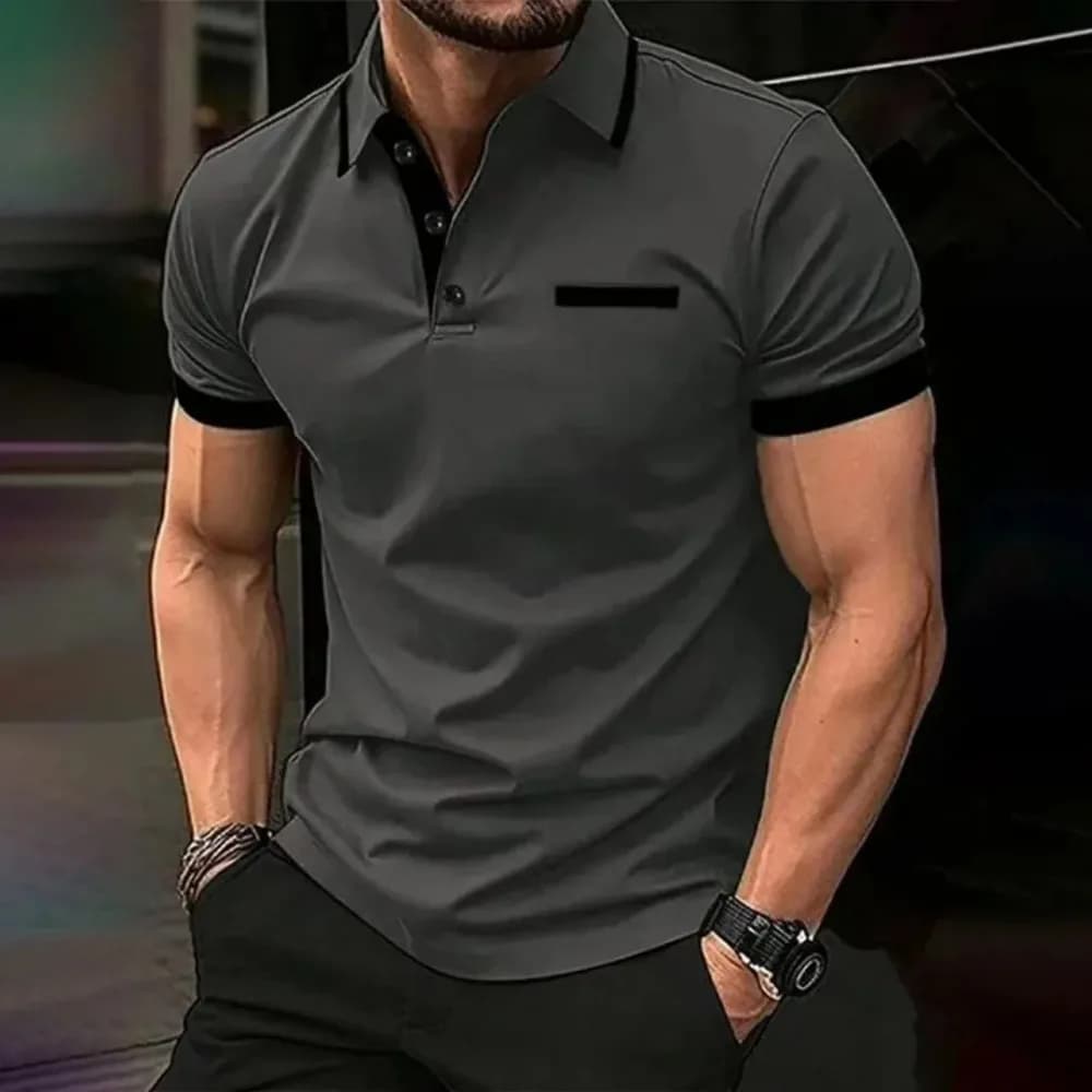 Men's Slim Fit Polo Shirt Short Sleeve Casual Business Golf Tee with Black Trim and Pocket for Daily Office and Weekend Wear