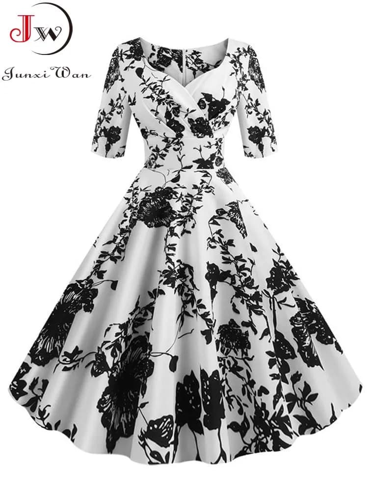 Half Sleeve Black Summer Women's Dress Print Floral Party Dress Vintage Dress Casual retro dresses a-line