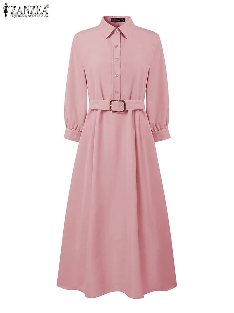 2025 ZANZEA Donna Autunno OL Abiti da lavoro Elegante risvolto Camicia a maniche lunghe Abito Solido con cintura Abito Officewear Vestito estivo Abiti