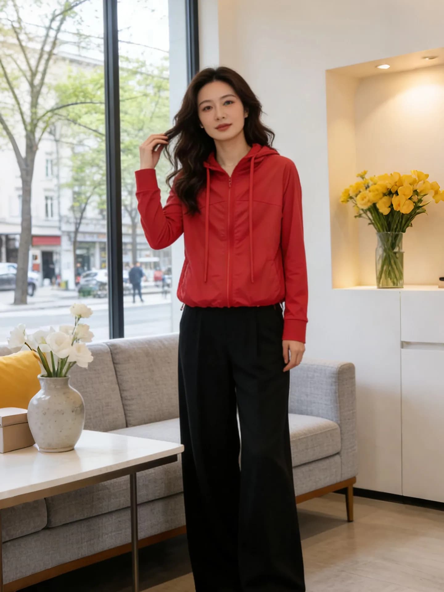 Red Hooded Jacket Loose Comfortable Casual Sporty Slimming High-End Feeling Women's Short Outerwear Breathable Long Sleeve