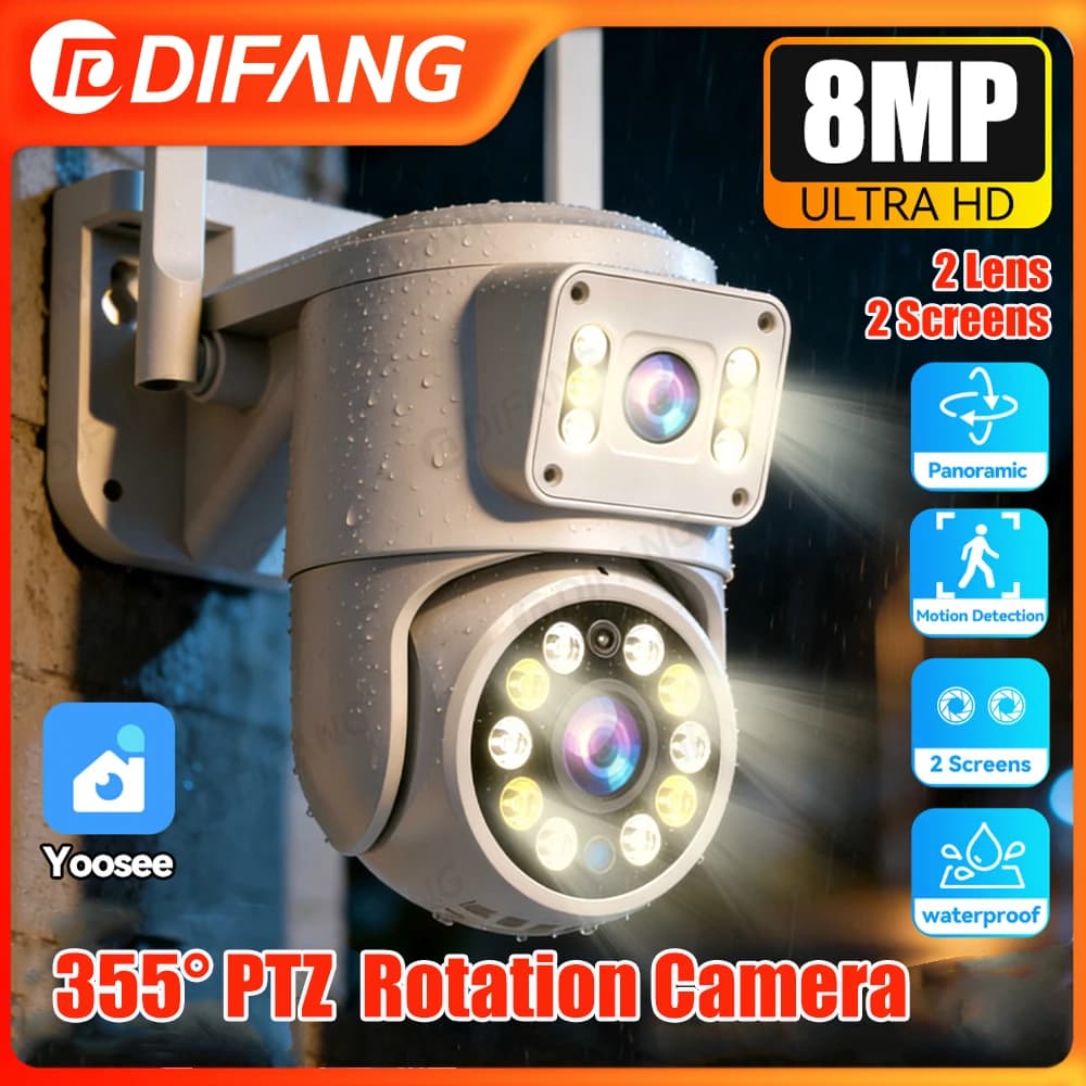 Telecamera di Sicurezza WiFi Yoosee per Interni/Esterni 8 MP, Doppia Lente, 2 Schermi, Rilevamento Umano PIR, Tracciamento Automatico, Telecamera di Sorveglianza CCTV