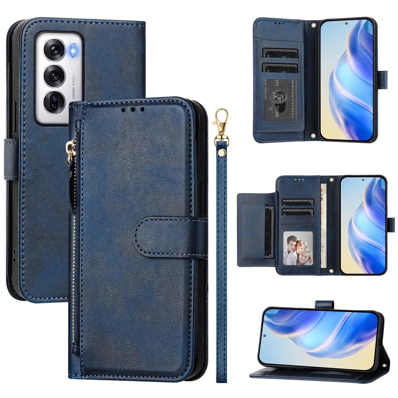 Magnetic Leather Zip Wallet Card Phone Case For Oppo Reno 14 13 12 11 9 8 7 OPPO Find X9 X8 X7 X5 Flip Phone Cover