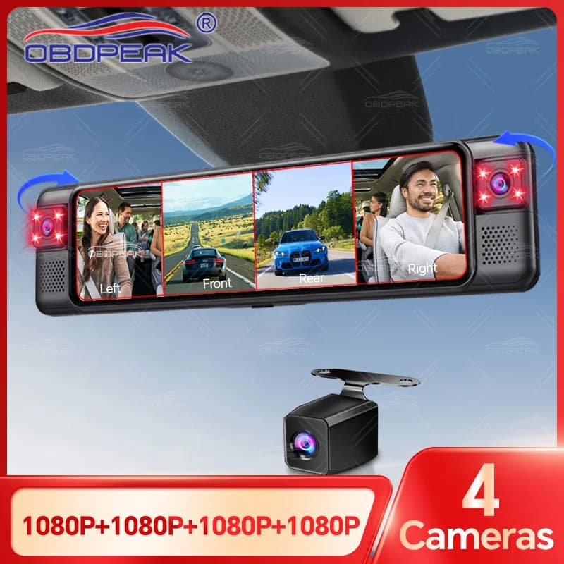OBDPEAK D75 4CH 11" 1080P Rearview Mirror Camera 360° Dash Cam WiFi Infrared Night Vision 24H Parking Car DVR Video Recorder