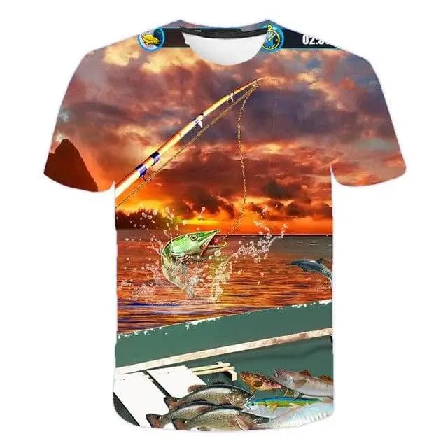 Men Sunset Sea Fishing Rod Fish 3D Print T-shirt Outdoor Angler Graphic Short Sleeve Summer Casual Tee