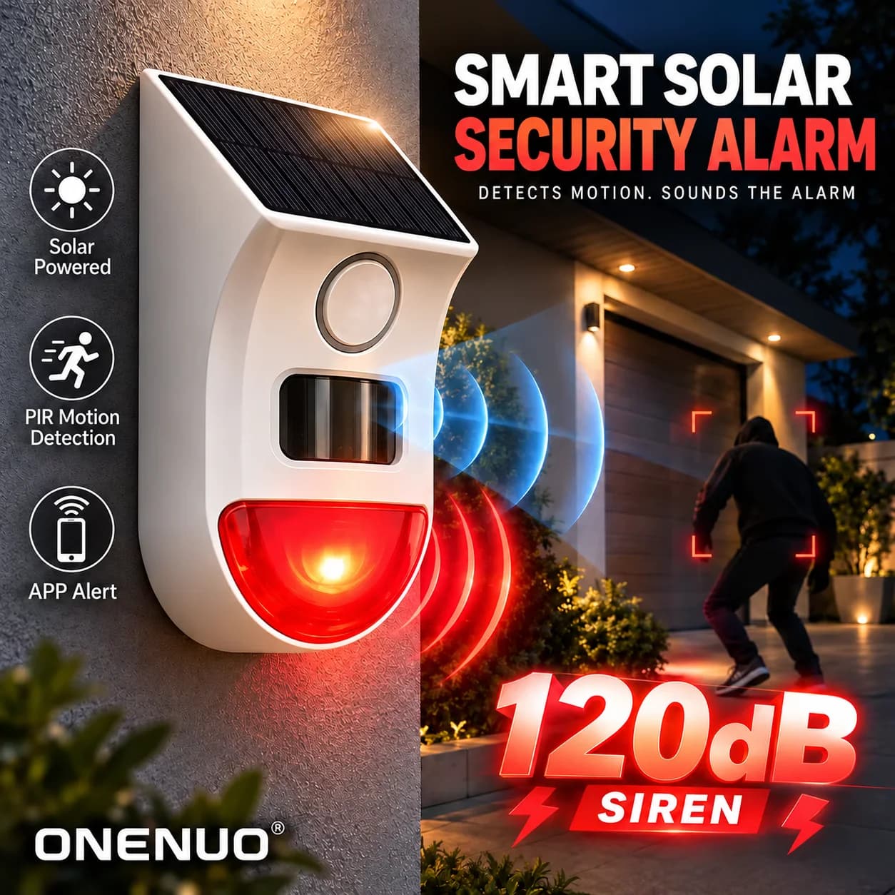 Tuya WiFi Solar Motion Sensor Alarm 120dB Outdoor PIR Siren Smart Life APP Alert Security Alarm for Home Yard Garage Garden