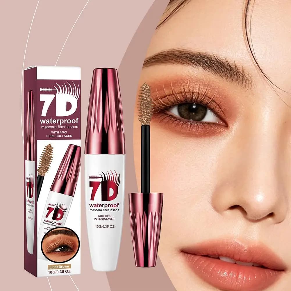 Mascara Volumizzante 7D Impermeabile Marrone Chiaro Naturale 10g, Allungante e Incurvante, con Collagene e Fibre per Ciglia Morbide