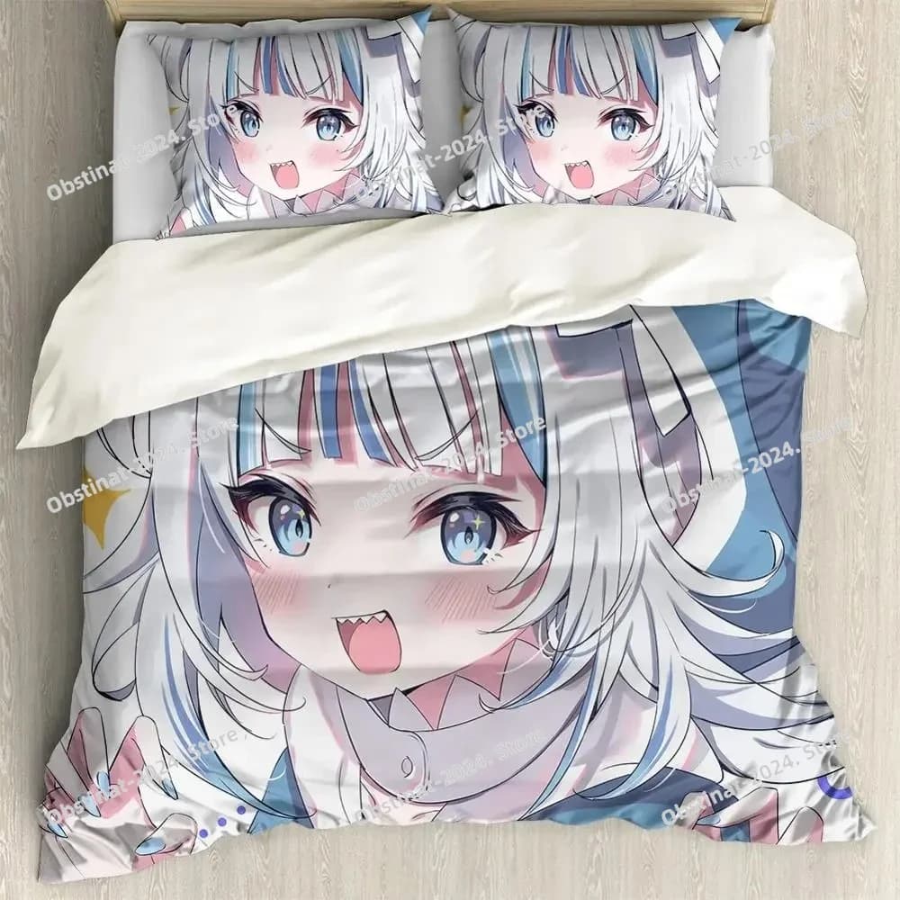 Anime Hololive EN Gawr Gura Set biancheria da letto Set letto stampato Copripiumino Lenzuolo Federa Letto Copripiumino morbido Full Queen King Size