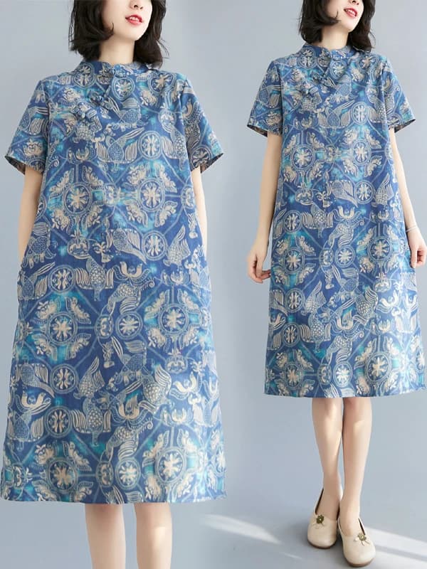 Abito Qipao Midi Stile Artistico Cinese, Vestito Estivo Nuovo Arrivo Senza Etichetta, Abbigliamento Casual da Donna di Grande Marca