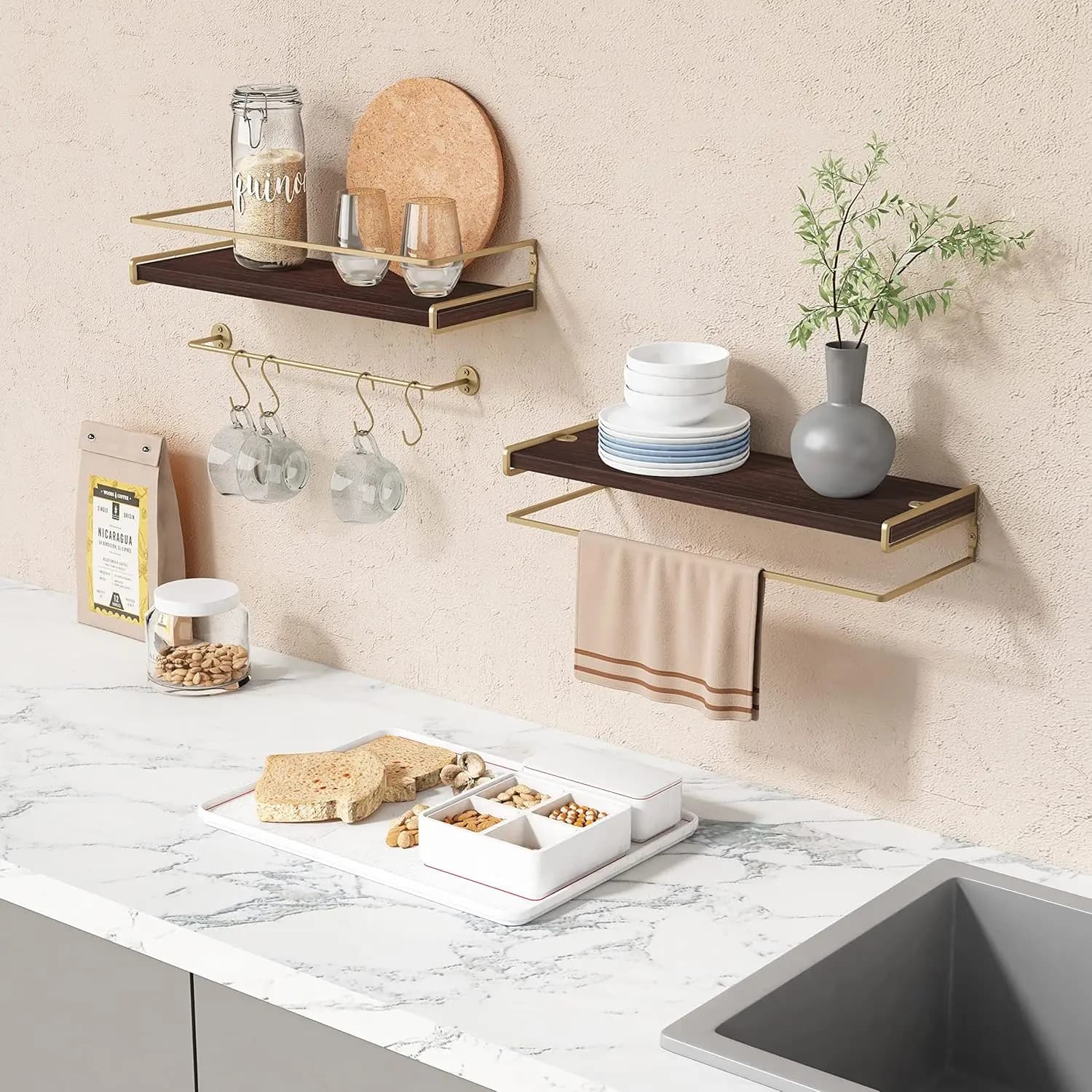 Confezione da 2 ripiani sopra il WC marroni e dorati con portasciugamani – Organizer galleggiante da parete per bagno e casa