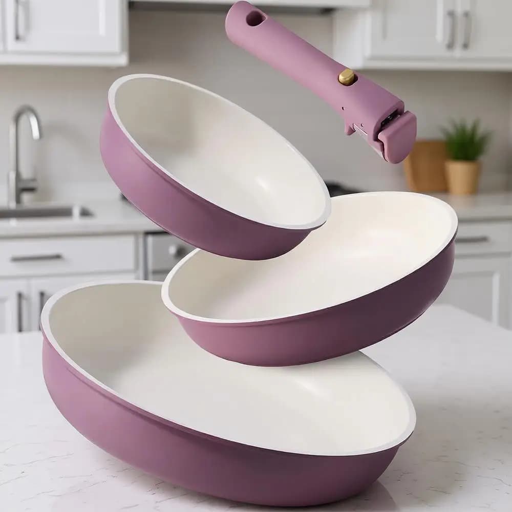 Anti-adhesive pans, 8+10+12, Stackable handle, Non-toxic stoneware, Suitable for Induction and Oven, Dishwasher washable