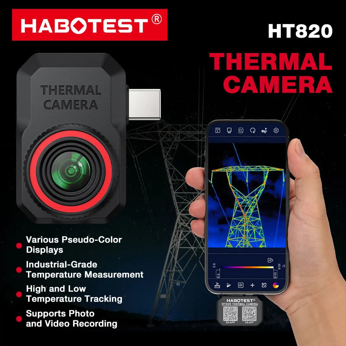 Habotest HT820 Portable High Precision Fast Response Plug And Play Resolution Ratio 256*192 Thermal Image Camera For Smart Phone