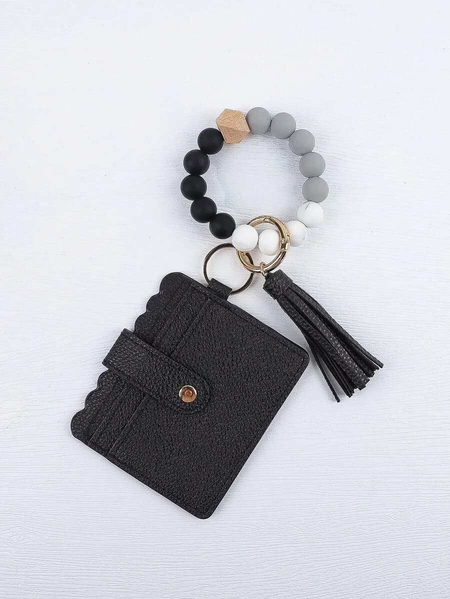 Bracelet Wallet Keychain Card Holder With Tassel Beaded Bangle For Women