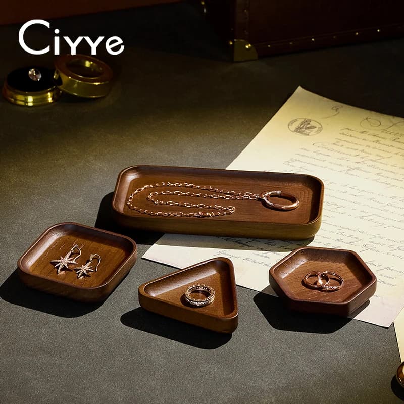 Ciyye Wooden Jewelry Tray Polygonal Display Rack Jewelry Organizer Desktop Ring Earrings Necklace Bracelet Storage Viewing Plate