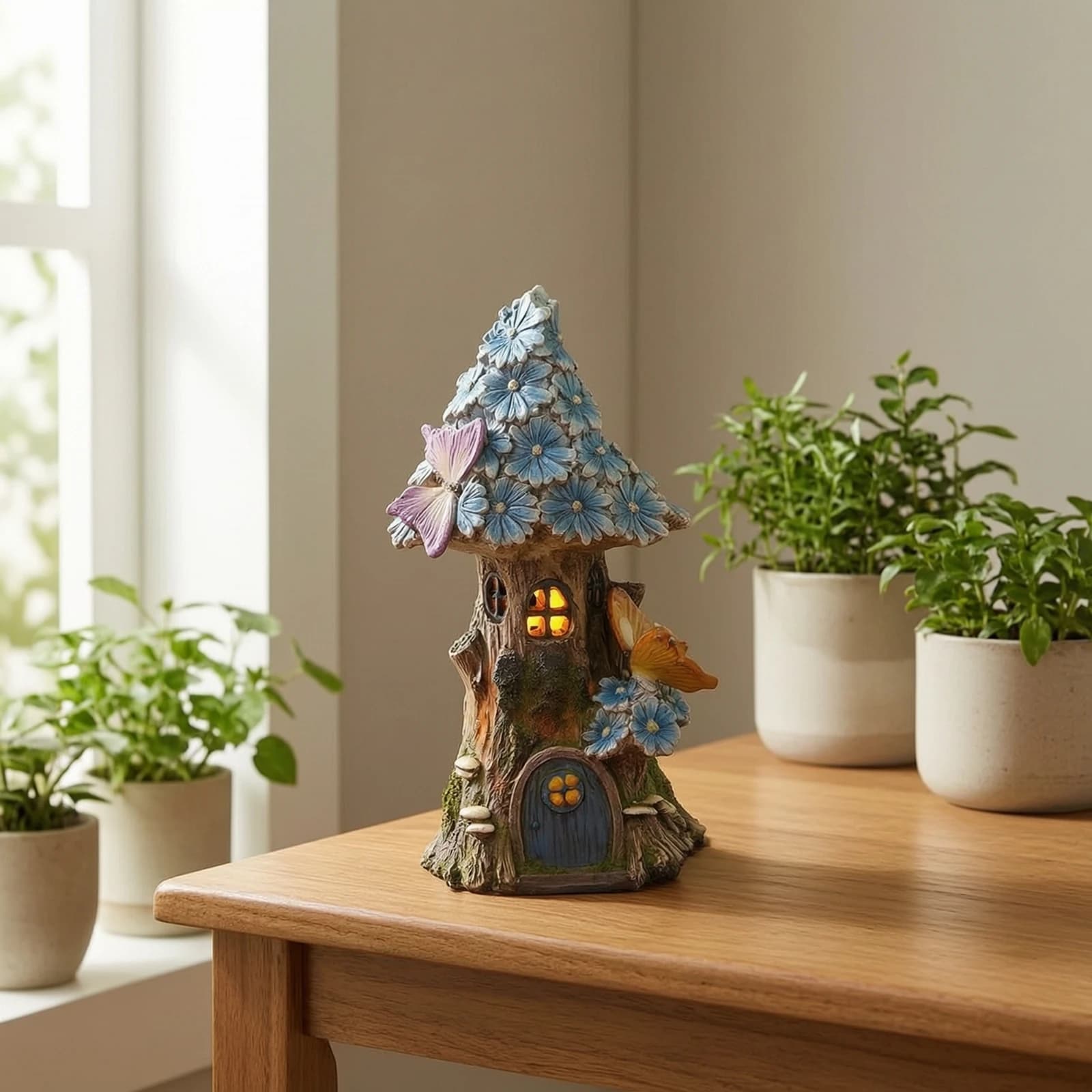 Fairy House with Solar Light Whimsical Tree House Statue Garden Statue with Solar Light Waterproof Yard Ornament Anti-Fading