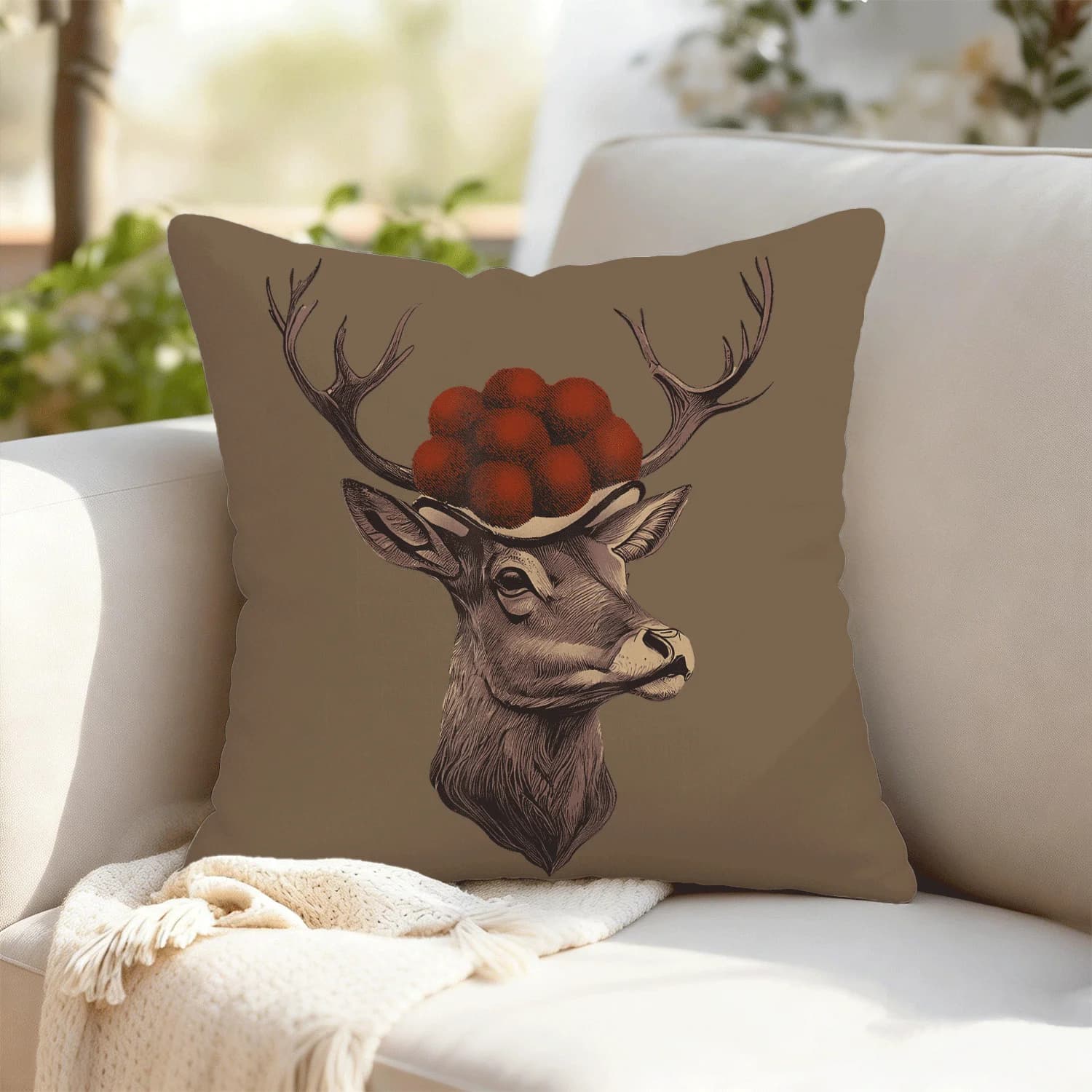 1pc 2D Flat Pillow Not Included Deer Head Red Berries Antlers Cushion Cover Plush Rustic Farmhouse Decor Nature Art Case