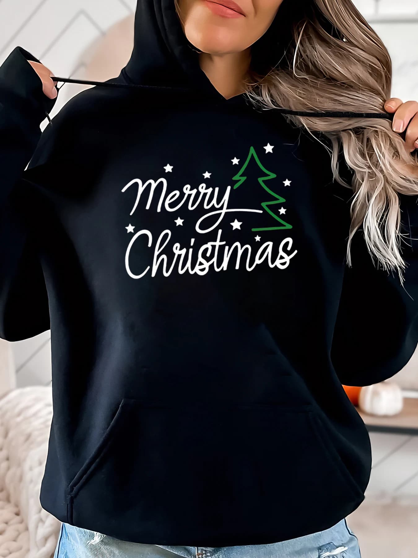 Felpa con cappuccio con stampa albero di Natale Abbigliamento casual da donna natalizio Nero Taglie forti