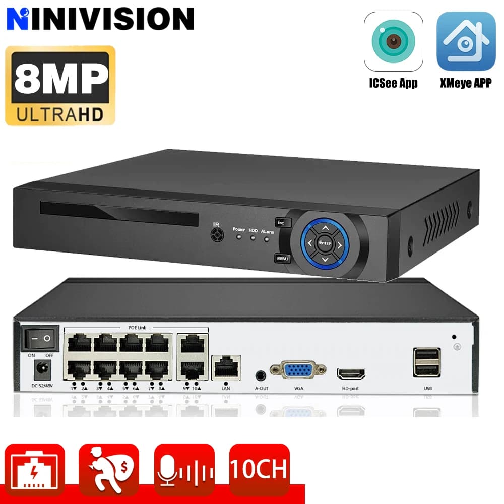 10CH 8CH 4K 8MP POE NVR XMeye Videoregistratore di rilevamento facciale per telecamere IP Poe PTZ Sistema di videosorveglianza Protezione di sicurezza