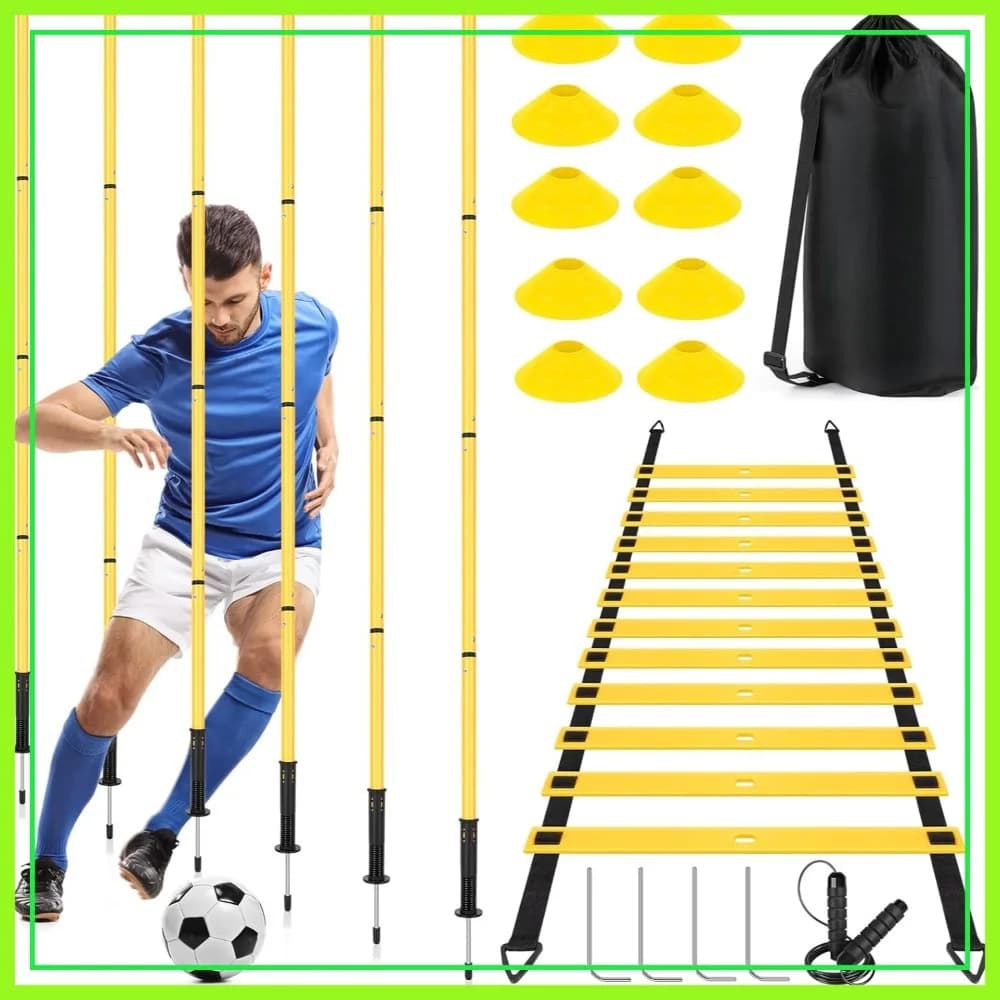 Set per Allenamento di Agilità Calcistica: 6 Pali, Scala da 6 Metri, 10 Coni, Corda per Saltare per Allenamento di Velocità